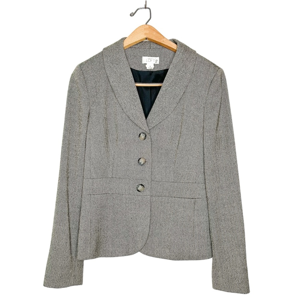 Ann Taylor LOFT Classic Chevron Plaid Wool Blazer Jacket Neutral Grey 4